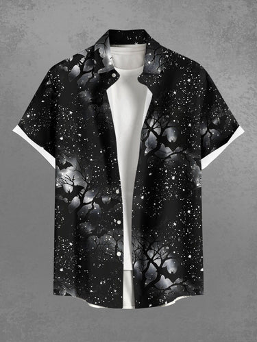 Gothic Plus Size Tree Bat Glitter Galaxy Print Halloween Button Pocket Shirt For Men