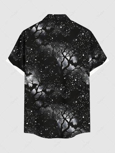 Gothic Plus Size Tree Bat Glitter Galaxy Print Halloween Button Pocket Shirt For Men