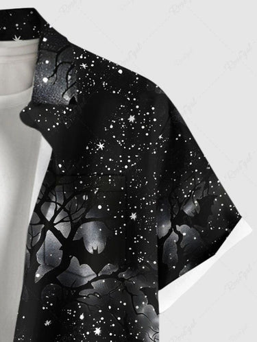 Gothic Plus Size Tree Bat Glitter Galaxy Print Halloween Button Pocket Shirt For Men