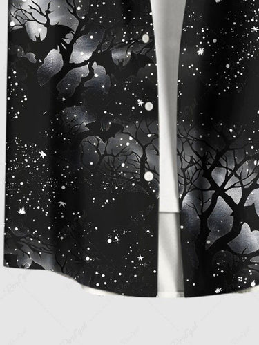 Gothic Plus Size Tree Bat Glitter Galaxy Print Halloween Button Pocket Shirt For Men