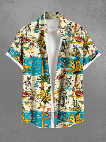 Gothic Plus Size Coconut Tree Flamingo Skeleton Sea Beach Print Hawaii Button Pocket Shirt For Men