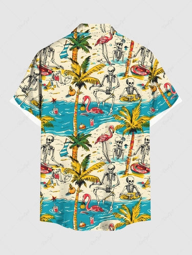 Gothic Plus Size Coconut Tree Flamingo Skeleton Sea Beach Print Hawaii Button Pocket Shirt For Men