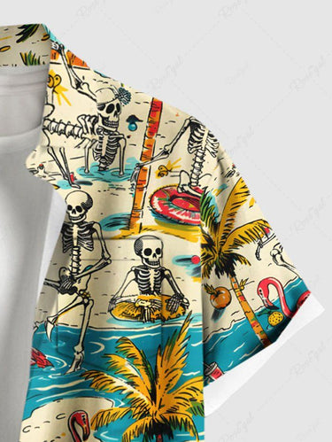 Gothic Plus Size Coconut Tree Flamingo Skeleton Sea Beach Print Hawaii Button Pocket Shirt For Men