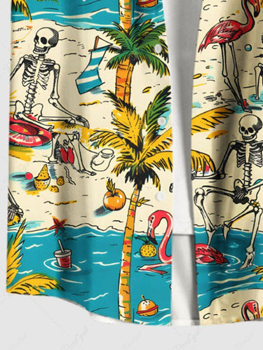 Gothic Plus Size Coconut Tree Flamingo Skeleton Sea Beach Print Hawaii Button Pocket Shirt For Men