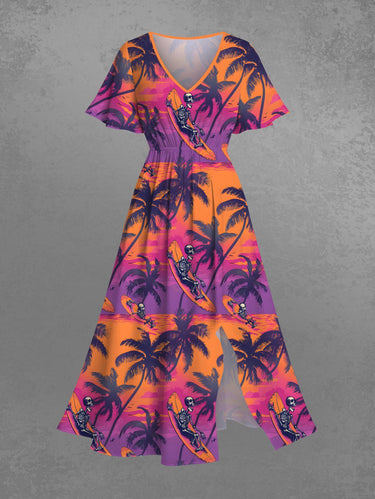 Gothic Plus Size Coconut Tree Skeleton Sea Print Hawaii Split Pocket A Line Midi Dress