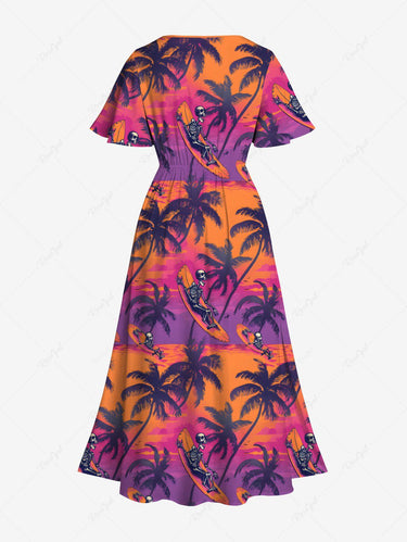 Gothic Plus Size Coconut Tree Skeleton Sea Print Hawaii Split Pocket A Line Midi Dress
