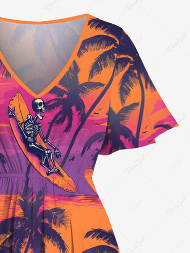 Gothic Plus Size Coconut Tree Skeleton Sea Print Hawaii Split Pocket A Line Midi Dress