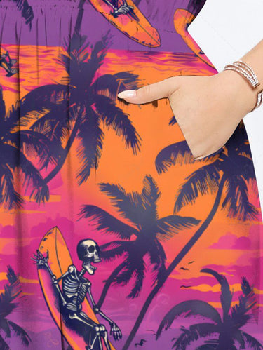 Gothic Plus Size Coconut Tree Skeleton Sea Print Hawaii Split Pocket A Line Midi Dress