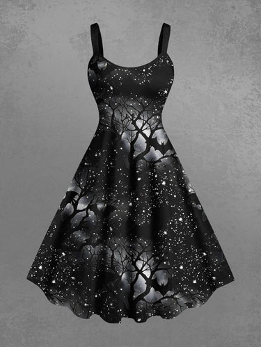 Gothic Plus Size Tree Bat Glitter Galaxy Print Halloween A Line Tank Dress