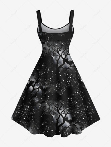 Gothic Plus Size Tree Bat Glitter Galaxy Print Halloween A Line Tank Dress