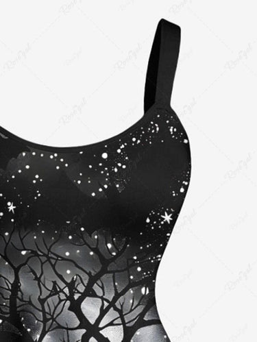 Gothic Plus Size Tree Bat Glitter Galaxy Print Halloween A Line Tank Dress