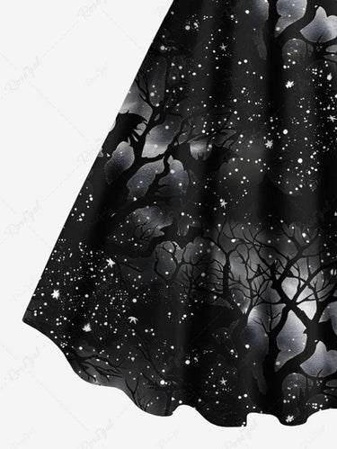 Gothic Plus Size Tree Bat Glitter Galaxy Print Halloween A Line Tank Dress