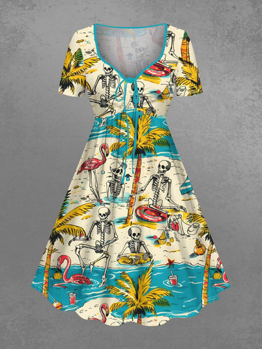 Gothic Plus Size Coconut Tree Flamingo Skeleton Sea Beach Print Hawaii Cinched A Line Dress