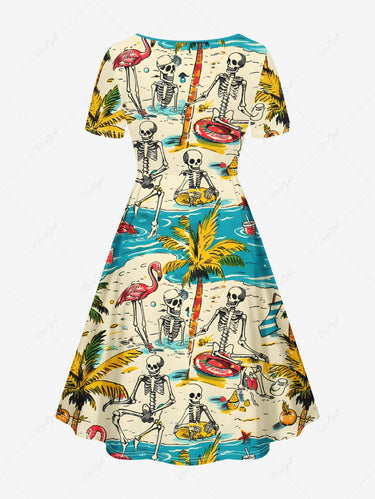 Gothic Plus Size Coconut Tree Flamingo Skeleton Sea Beach Print Hawaii Cinched A Line Dress