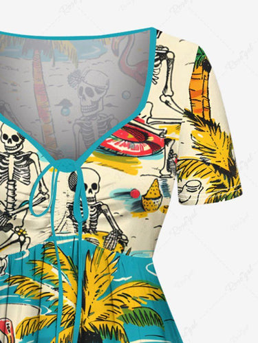 Gothic Plus Size Coconut Tree Flamingo Skeleton Sea Beach Print Hawaii Cinched A Line Dress