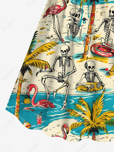 Gothic Plus Size Coconut Tree Flamingo Skeleton Sea Beach Print Hawaii Cinched A Line Dress