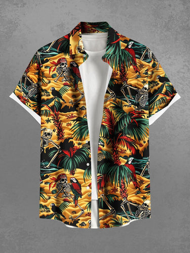 Gothic Plus Size Coconut Tree Parrot Skeleton Pirate Sea Print Hawaii Cruise Button Pocket Shirt For Men