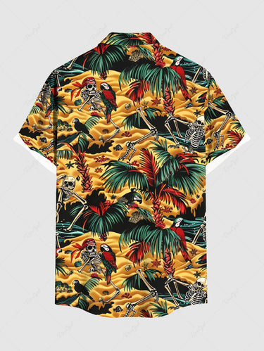 Gothic Plus Size Coconut Tree Parrot Skeleton Pirate Sea Print Hawaii Cruise Button Pocket Shirt For Men