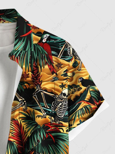 Gothic Plus Size Coconut Tree Parrot Skeleton Pirate Sea Print Hawaii Cruise Button Pocket Shirt For Men