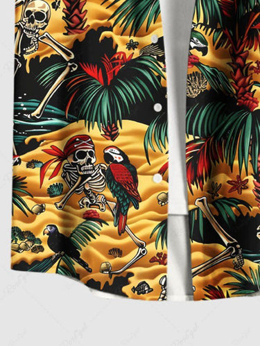 Gothic Plus Size Coconut Tree Parrot Skeleton Pirate Sea Print Hawaii Cruise Button Pocket Shirt For Men