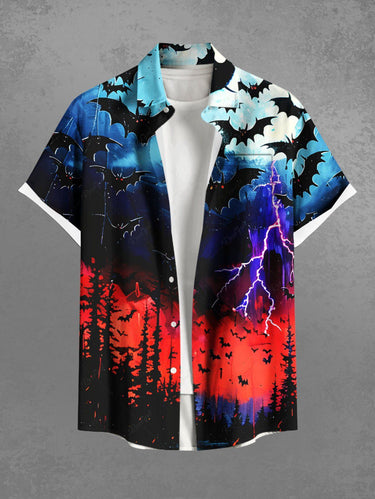 Gothic Plus Size Bat Forest Lightning Ombre Galaxy Print Halloween Button Pocket Shirt For Men