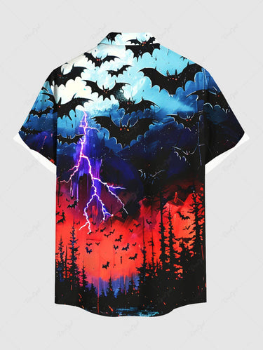 Gothic Plus Size Bat Forest Lightning Ombre Galaxy Print Halloween Button Pocket Shirt For Men