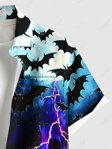 Gothic Plus Size Bat Forest Lightning Ombre Galaxy Print Halloween Button Pocket Shirt For Men