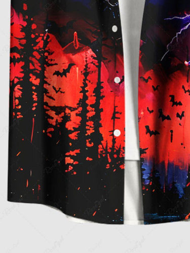 Gothic Plus Size Bat Forest Lightning Ombre Galaxy Print Halloween Button Pocket Shirt For Men
