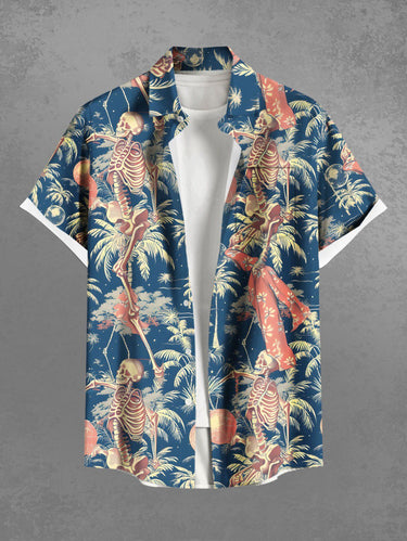 Gothic Plus Size Coconut Tree Skeleton Print Hawaii Button Pocket Shirt For Men