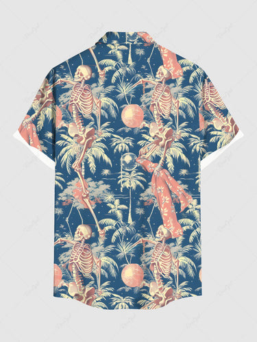 Gothic Plus Size Coconut Tree Skeleton Print Hawaii Button Pocket Shirt For Men