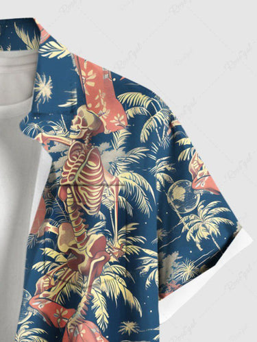 Gothic Plus Size Coconut Tree Skeleton Print Hawaii Button Pocket Shirt For Men