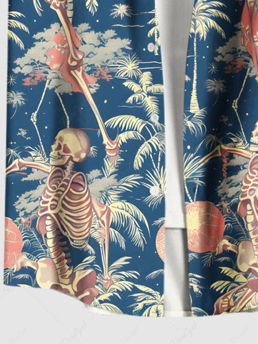 Gothic Plus Size Coconut Tree Skeleton Print Hawaii Button Pocket Shirt For Men