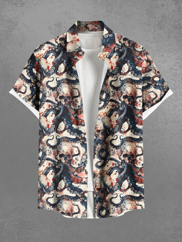 Gothic Plus Size Skull Octopus Print Button Pocket Shirt For Men