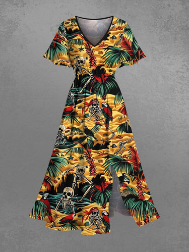 Gothic Plus Size Coconut Tree Parrot Skeleton Pirate Sea Print Hawaii Cruise Split Pocket A Line Midi Dress