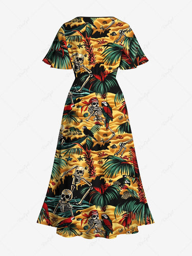 Gothic Plus Size Coconut Tree Parrot Skeleton Pirate Sea Print Hawaii Cruise Split Pocket A Line Midi Dress
