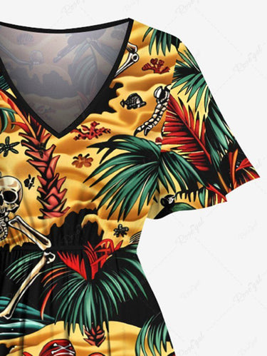 Gothic Plus Size Coconut Tree Parrot Skeleton Pirate Sea Print Hawaii Cruise Split Pocket A Line Midi Dress