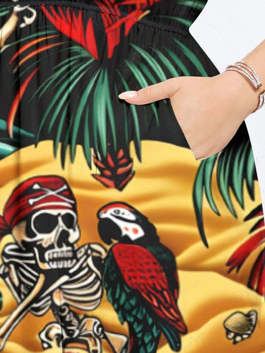 Gothic Plus Size Coconut Tree Parrot Skeleton Pirate Sea Print Hawaii Cruise Split Pocket A Line Midi Dress