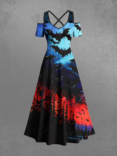 Gothic Plus Size Bat Forest Lightning Ombre Galaxy Print Halloween Cold Shoulder Crisscross A Line Maxi Dress