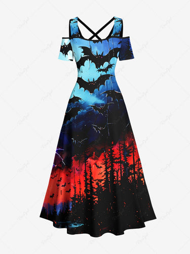 Gothic Plus Size Bat Forest Lightning Ombre Galaxy Print Halloween Cold Shoulder Crisscross A Line Maxi Dress