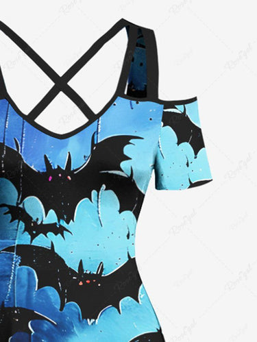 Gothic Plus Size Bat Forest Lightning Ombre Galaxy Print Halloween Cold Shoulder Crisscross A Line Maxi Dress