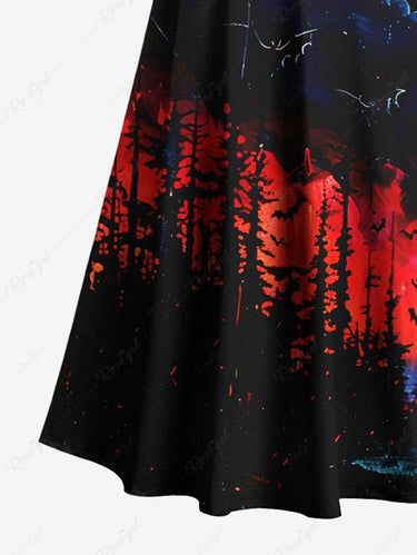 Gothic Plus Size Bat Forest Lightning Ombre Galaxy Print Halloween Cold Shoulder Crisscross A Line Maxi Dress