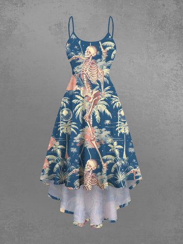 Gothic Plus Size Coconut Tree Skeleton Print Hawaii High Low Asymmetric Cami Dress