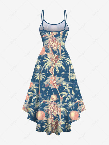 Gothic Plus Size Coconut Tree Skeleton Print Hawaii High Low Asymmetric Cami Dress