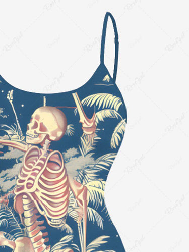 Gothic Plus Size Coconut Tree Skeleton Print Hawaii High Low Asymmetric Cami Dress
