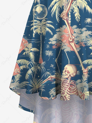 Gothic Plus Size Coconut Tree Skeleton Print Hawaii High Low Asymmetric Cami Dress