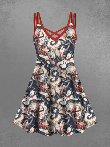 Gothic Plus Size Skull Octopus Print Crisscross Strappy A Line Cami Dress