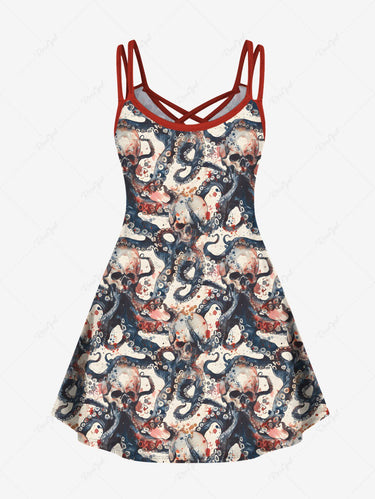 Gothic Plus Size Skull Octopus Print Crisscross Strappy A Line Cami Dress