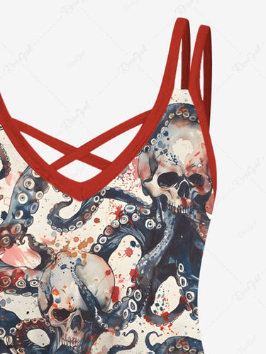 Gothic Plus Size Skull Octopus Print Crisscross Strappy A Line Cami Dress