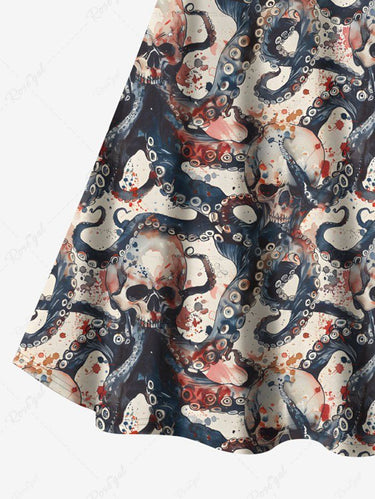 Gothic Plus Size Skull Octopus Print Crisscross Strappy A Line Cami Dress