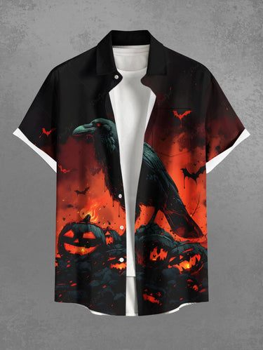 Gothic Plus Size Pumpkin Crow Bat Fire Print Halloween Button Pocket Shirt For Men